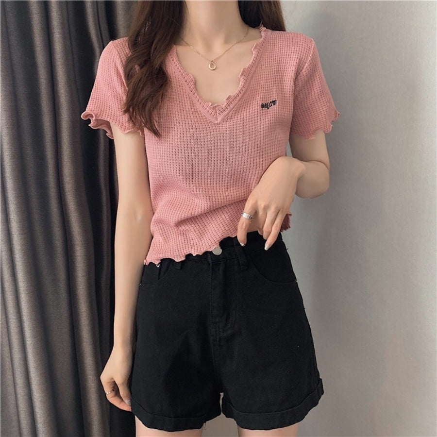 カルペディエム Carpe diem Tシャツ ショート丈 Tシャツ半袖 トップス サマーニット vネック ベーシック刺繍 カットソー シンプル 可愛い 無地 ワッフルカットソー ロゴt 新作tシャツ シンプル （ブラック） ブラック