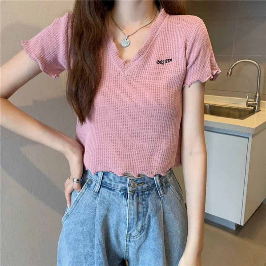 カルペディエム Carpe diem Tシャツ ショート丈 Tシャツ半袖 トップス サマーニット vネック ベーシック刺繍 カットソー シンプル 可愛い 無地 ワッフルカットソー ロゴt 新作tシャツ シンプル （ブラック） ブラック