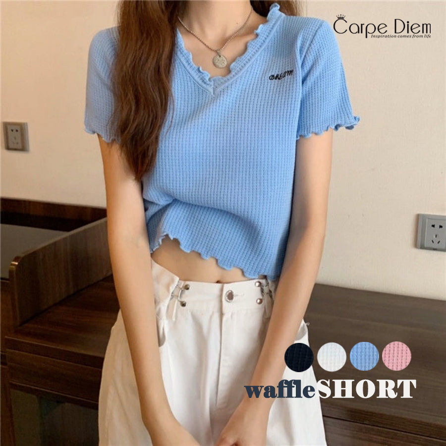 カルペディエム Carpe diem Tシャツ ショート丈 Tシャツ半袖 トップス サマーニット vネック ベーシック刺繍 カットソー シンプル 可愛い 無地 ワッフルカットソー ロゴt 新作tシャツ シンプル （ブラック） ブラック