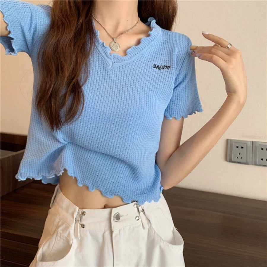 カルペディエム Carpe diem Tシャツ ショート丈 Tシャツ半袖 トップス サマーニット vネック ベーシック刺繍 カットソー シンプル 可愛い 無地 ワッフルカットソー ロゴt 新作tシャツ シンプル （ブラック） ブラック