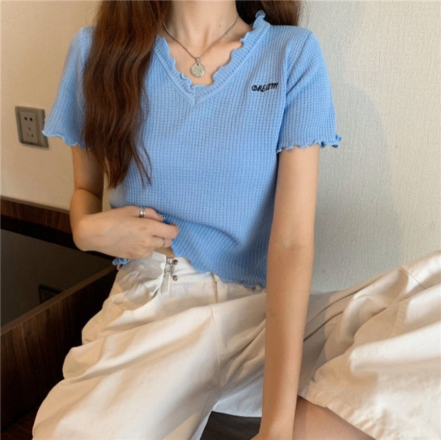 カルペディエム Carpe diem Tシャツ ショート丈 Tシャツ半袖 トップス サマーニット vネック ベーシック刺繍 カットソー シンプル 可愛い 無地 ワッフルカットソー ロゴt 新作tシャツ シンプル （ブラック） ブラック