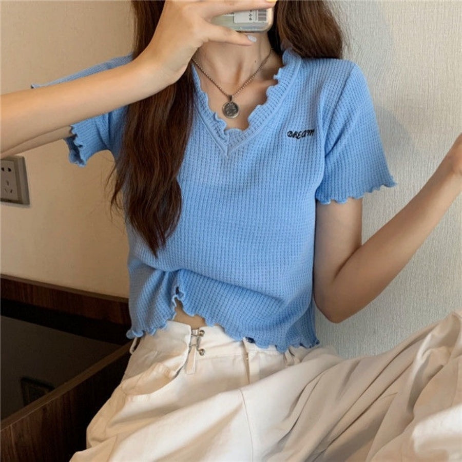 カルペディエム Carpe diem Tシャツ ショート丈 Tシャツ半袖 トップス サマーニット vネック ベーシック刺繍 カットソー シンプル 可愛い 無地 ワッフルカットソー ロゴt 新作tシャツ シンプル （ブラック） ブラック