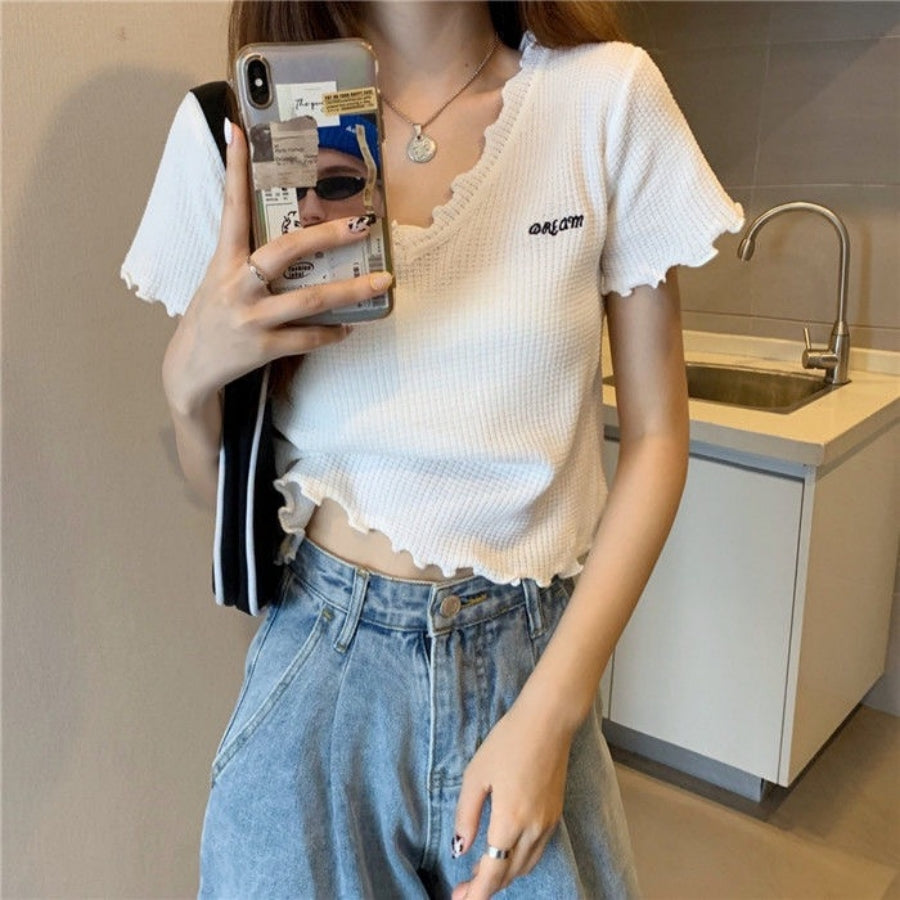 カルペディエム Carpe diem Tシャツ ショート丈 Tシャツ半袖 トップス サマーニット vネック ベーシック刺繍 カットソー シンプル 可愛い 無地 ワッフルカットソー ロゴt 新作tシャツ シンプル （ホワイト） ホワイト