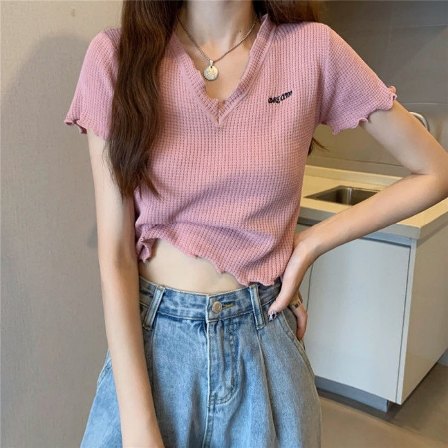 カルペディエム Carpe diem Tシャツ ショート丈 Tシャツ半袖 トップス サマーニット vネック ベーシック刺繍 カットソー シンプル 可愛い 無地 ワッフルカットソー ロゴt 新作tシャツ シンプル （ピンク） ピンク