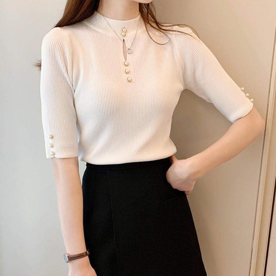 カルペディエム Carpe diem ニット トップス 半袖 リブニット 夏 胸元あき ニットハイネック パール付き サマーニット オフィス カジュアル 無地 通勤 インナー カットソー ルオーバー （ブラック） ブラック