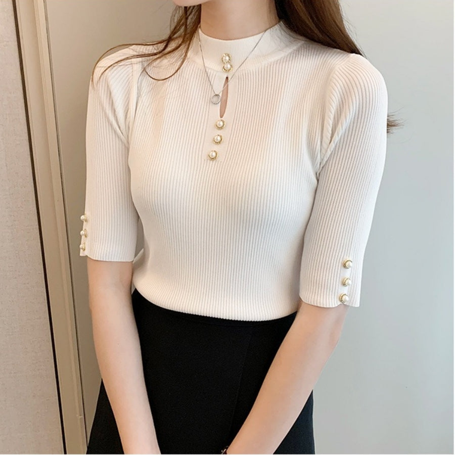 カルペディエム Carpe diem ニット トップス 半袖 リブニット 夏 胸元あき ニットハイネック パール付き サマーニット オフィス カジュアル 無地 通勤 インナー カットソー ルオーバー （ブラック） ブラック