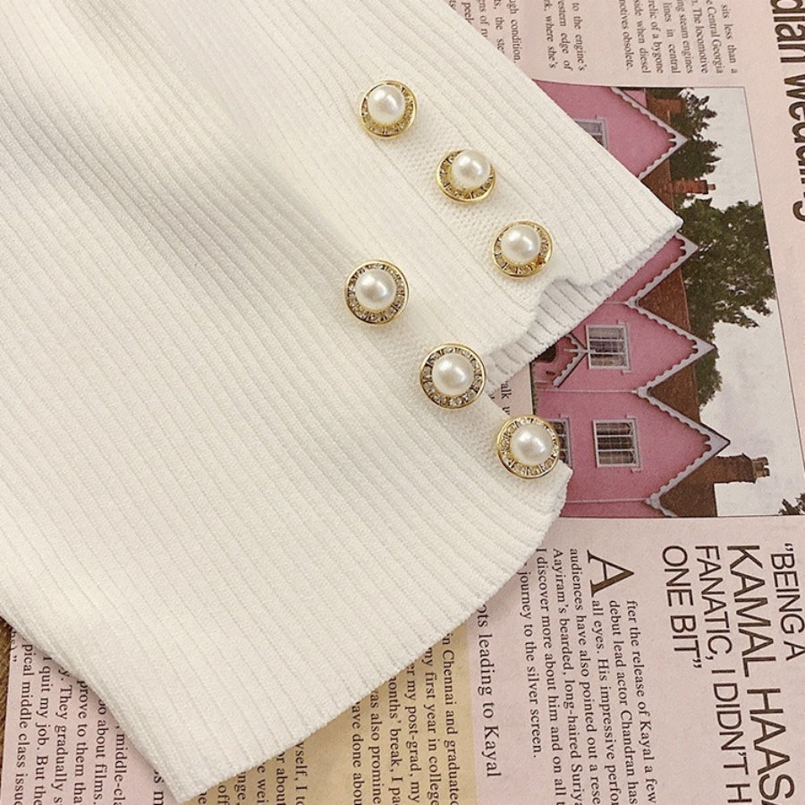 カルペディエム Carpe diem ニット トップス 半袖 リブニット 夏 胸元あき ニットハイネック パール付き サマーニット オフィス カジュアル 無地 通勤 インナー カットソー ルオーバー （ブラック） ブラック