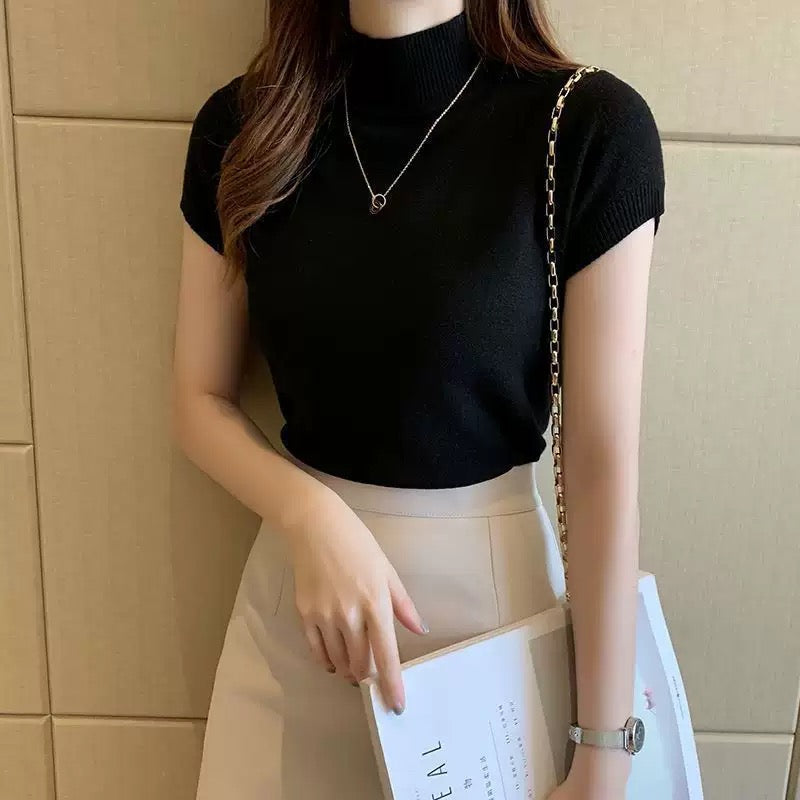 カルペディエム Carpe diem リブニットトップス シンプルニット セーター カットソー プルオーバー 半袖ニット ゆったり 洗える 中厚ニット 新作 春 生地感 リブ編み Vネックニット （ブラック） ブラック