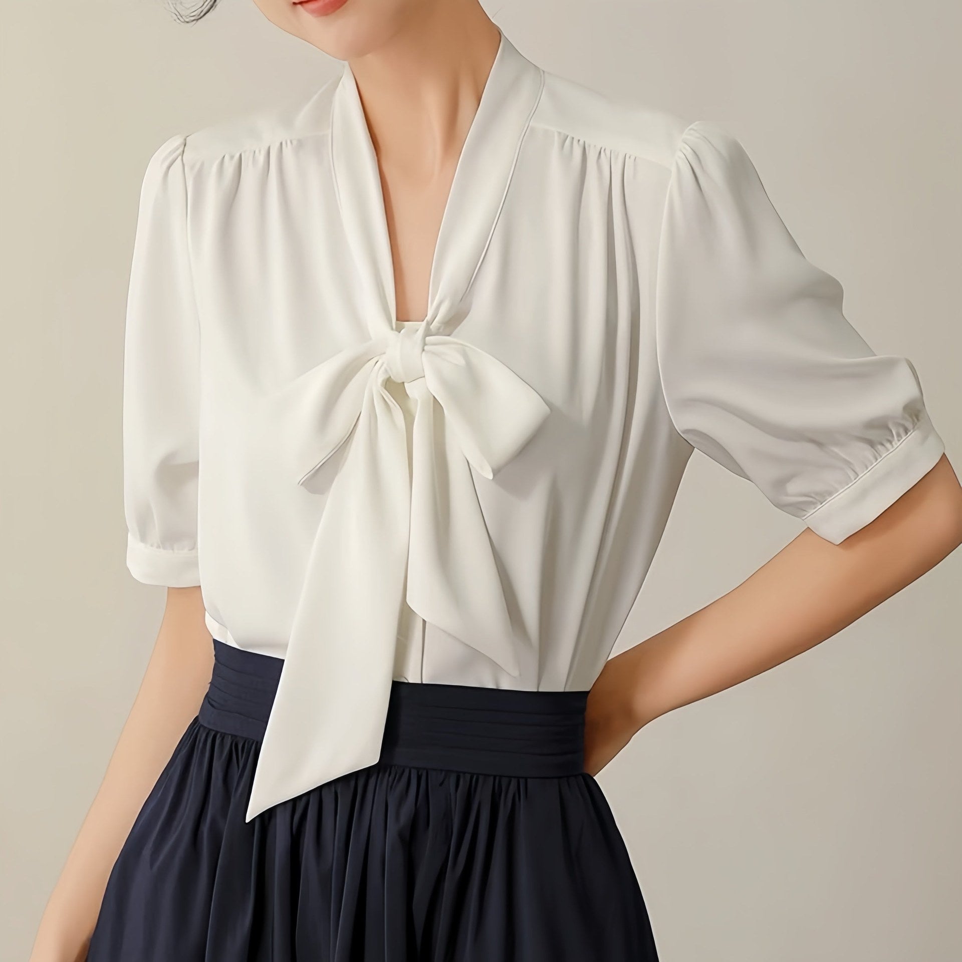 カルペディエム Carpe diem レディース シャツブラウス リボンブラウス ボウタイブラウス トップス春 夏ブラウス オフィス カジュアル 半袖 シフォンブラウス （ブルー） ブルー