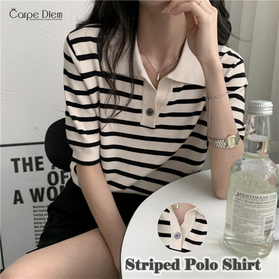 カルペディエム Carpe diem ポロシャツ半袖 Vネック半袖 tシャツ ストライプ ボーダー サマーニット 襟付きtシャツ 襟付きポロシャツ 春夏 （ブラック） ブラック
