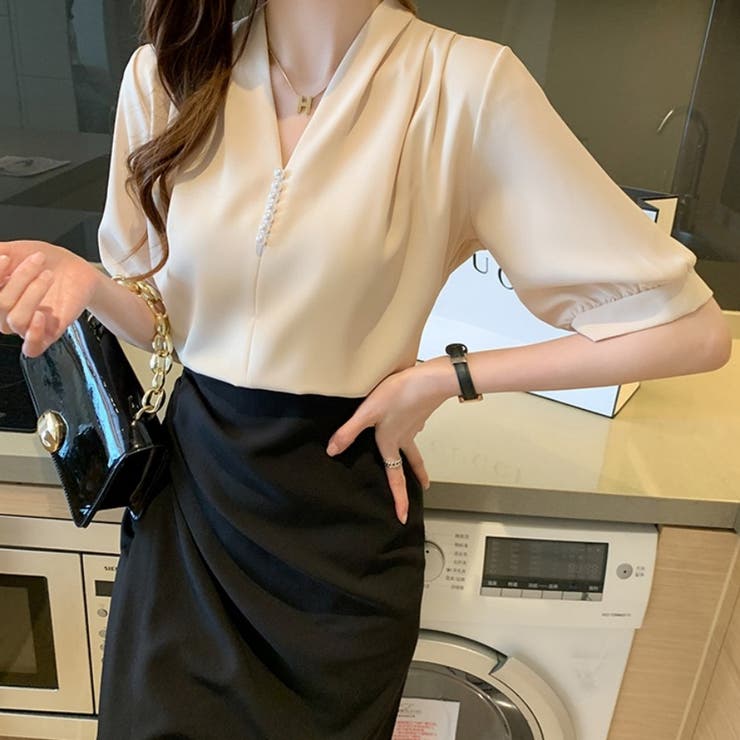 カルペディエム Carpe diem シャツ半袖 ブラウス半袖 パール付きトップス パール付きシャツ vネックシャツ 五分丈 半袖ブラウス 半袖シャツブラウス カジュアル 夏トップス （ベージュ） ベージュ