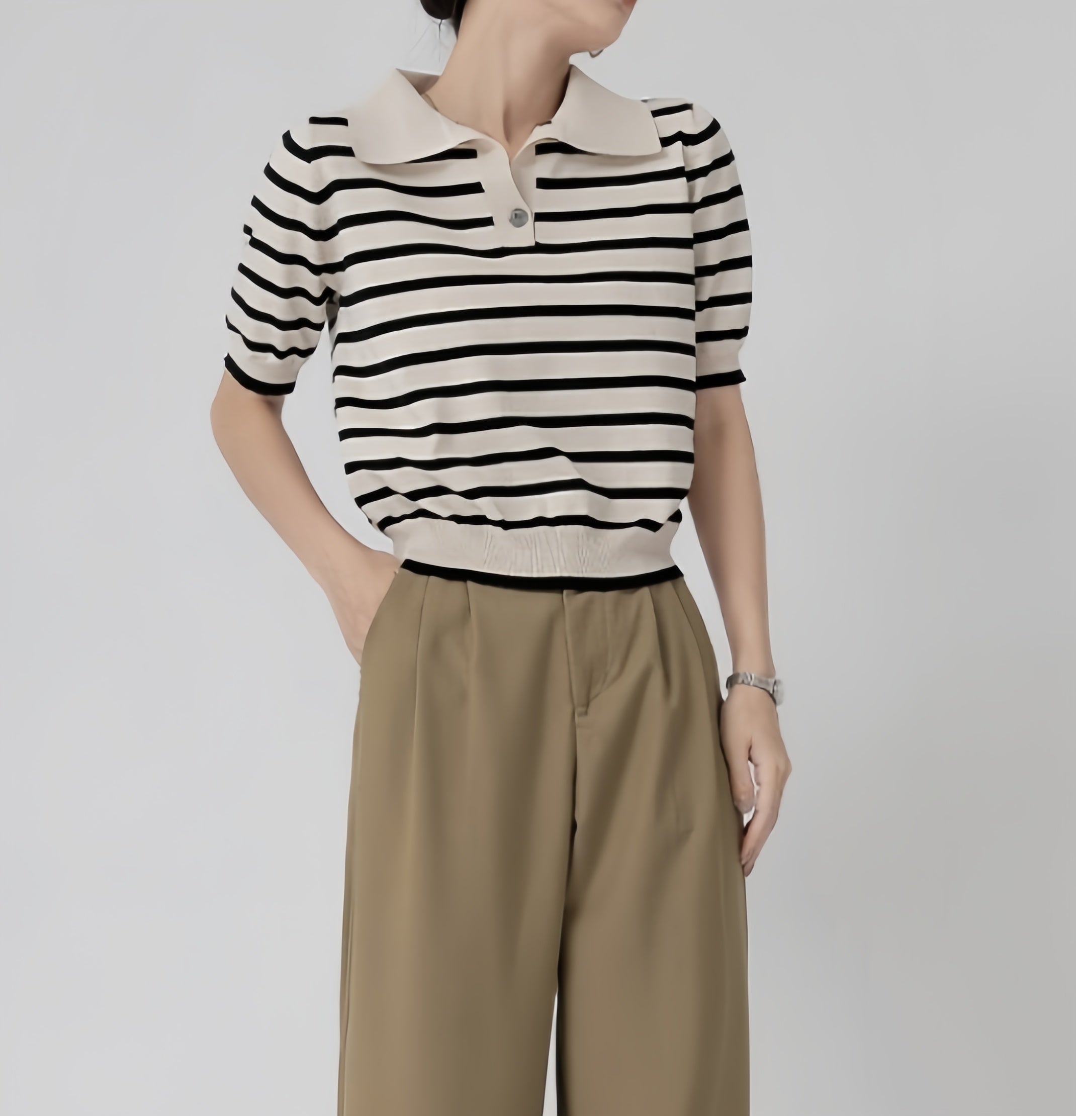 カルペディエム Carpe diem ポロシャツ半袖 トップス ボーダートップス Tシャツ ボーダー 夏服 へそ出し ショート丈Tシャツ ポロシャツニット 薄手サマーニット 韓国ファッション （ベージュ） ベージュ