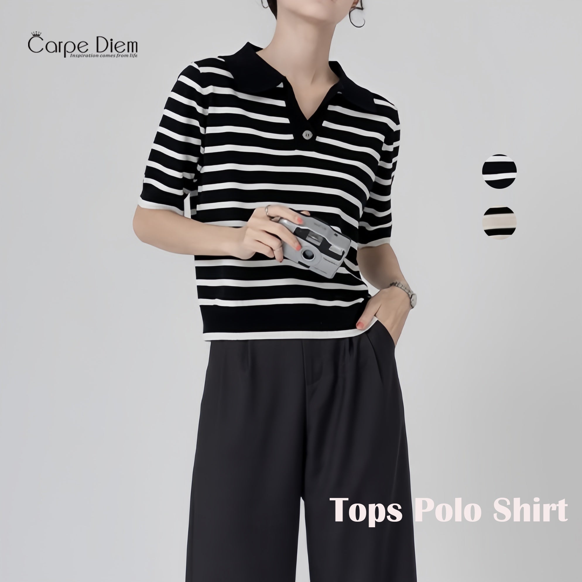 カルペディエム Carpe diem ポロシャツ半袖 トップス ボーダートップス Tシャツ ボーダー 夏服 へそ出し ショート丈Tシャツ ポロシャツニット 薄手サマーニット 韓国ファッション （ベージュ） ベージュ