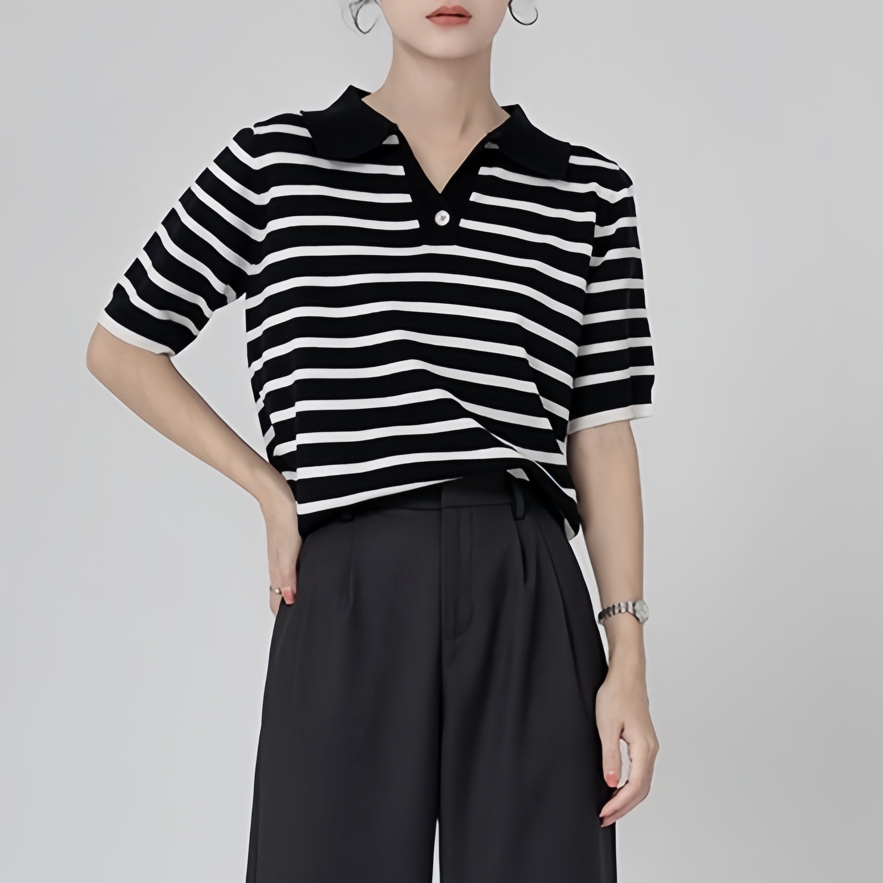 カルペディエム Carpe diem ポロシャツ半袖 トップス ボーダートップス Tシャツ ボーダー 夏服 へそ出し ショート丈Tシャツ ポロシャツニット 薄手サマーニット 韓国ファッション （ベージュ） ベージュ