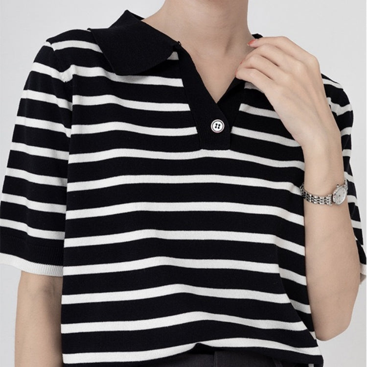 カルペディエム Carpe diem ポロシャツ半袖 トップス ボーダートップス Tシャツ ボーダー 夏服 へそ出し ショート丈Tシャツ ポロシャツニット 薄手サマーニット 韓国ファッション （ベージュ） ベージュ
