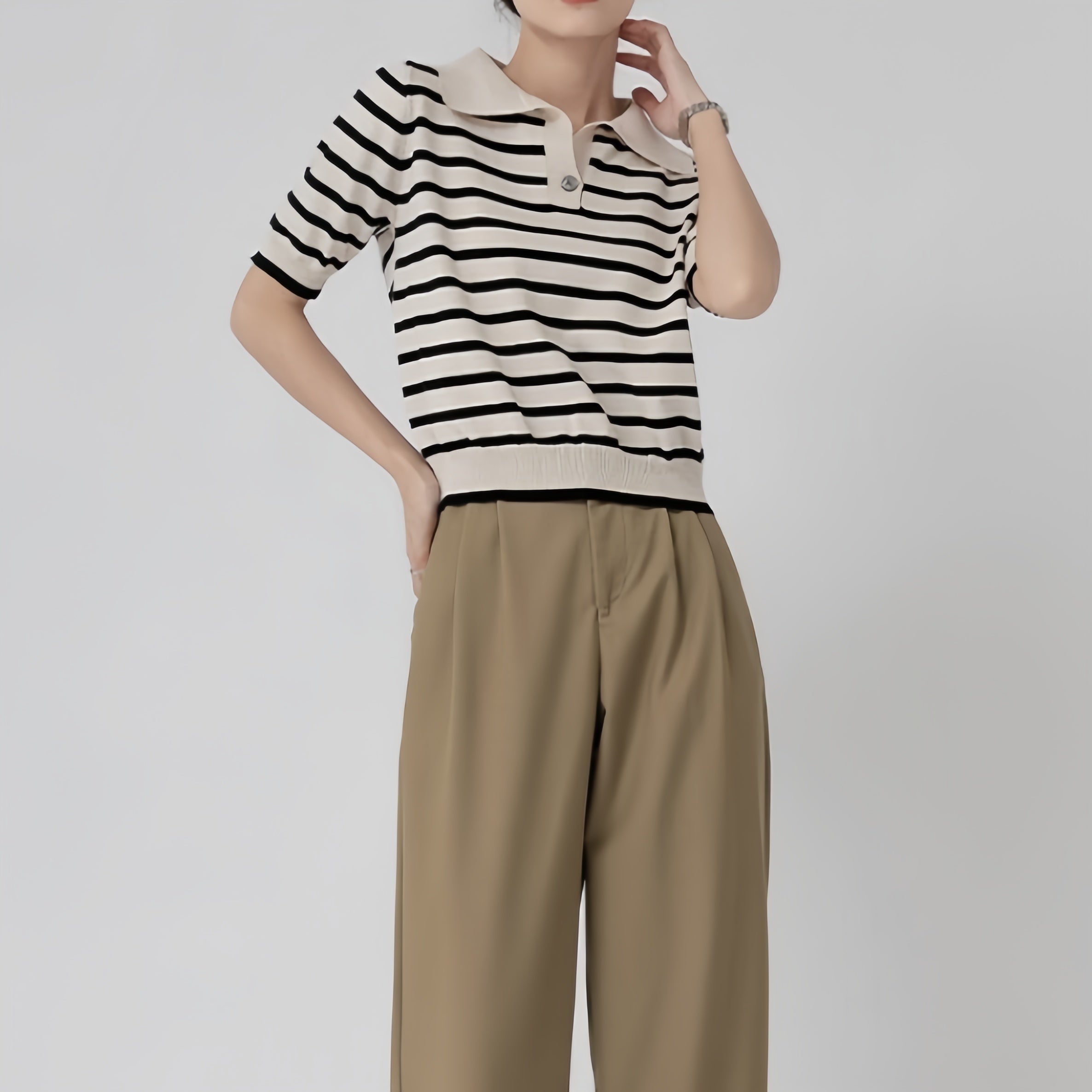 カルペディエム Carpe diem ポロシャツ半袖 トップス ボーダートップス Tシャツ ボーダー 夏服 へそ出し ショート丈Tシャツ ポロシャツニット 薄手サマーニット 韓国ファッション （ベージュ） ベージュ