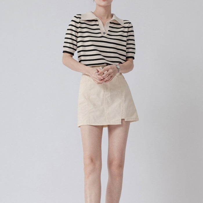 カルペディエム Carpe diem ポロシャツ半袖 トップス ボーダートップス Tシャツ ボーダー 夏服 へそ出し ショート丈Tシャツ ポロシャツニット 薄手サマーニット 韓国ファッション （ベージュ） ベージュ