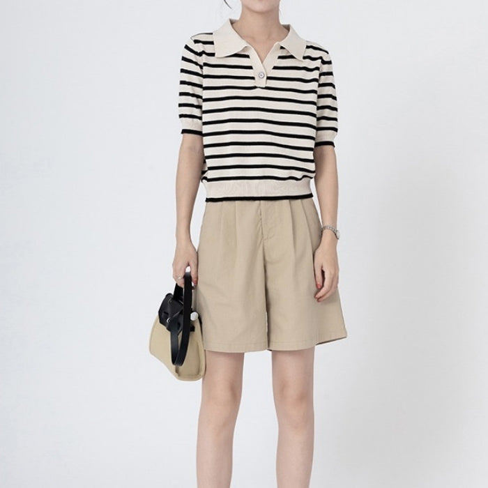 カルペディエム Carpe diem ポロシャツ半袖 トップス ボーダートップス Tシャツ ボーダー 夏服 へそ出し ショート丈Tシャツ ポロシャツニット 薄手サマーニット 韓国ファッション （ベージュ） ベージュ