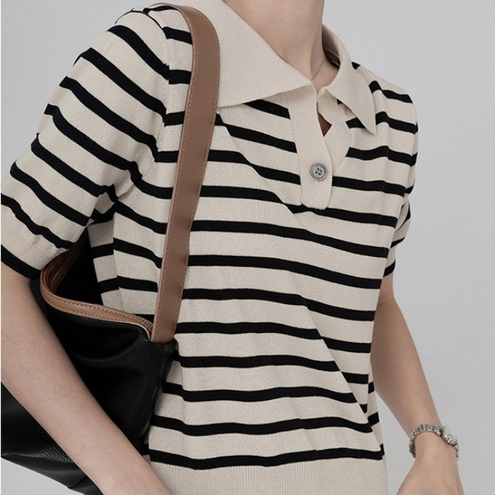 カルペディエム Carpe diem ポロシャツ半袖 トップス ボーダートップス Tシャツ ボーダー 夏服 へそ出し ショート丈Tシャツ ポロシャツニット 薄手サマーニット 韓国ファッション （ベージュ） ベージュ