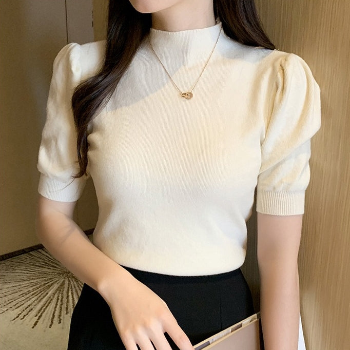 カルペディエム Carpe diem サマーニット トップス パフショルダーニット オフィスカジュアル 五分袖 ニットトップス半袖 上品 エレガント パフスリーブ （ブラック） ブラック