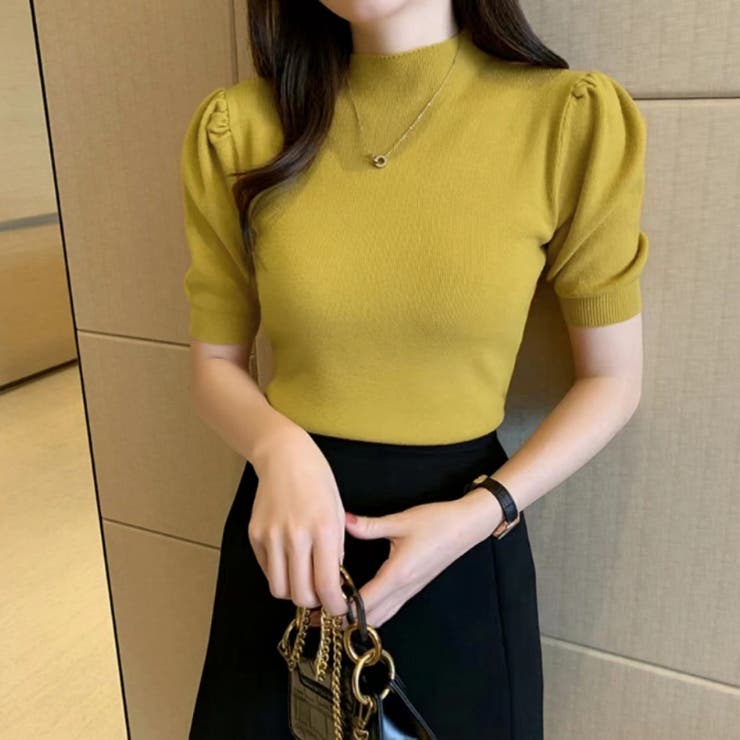 カルペディエム Carpe diem サマーニット トップス パフショルダーニット オフィスカジュアル 五分袖 ニットトップス半袖 上品 エレガント パフスリーブ （イエロー） イエロー