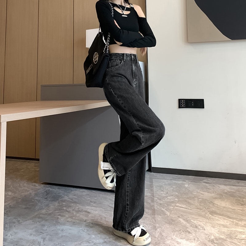 カルペディエム Carpe diem ワイドデニム パンツ オールシーズン カジュアル ハイウエストデニム ワイドパンツ ウォッシュド 定番デニム ボトムス ジーンズ夏 ストレッチツ （ブラック） ブラック