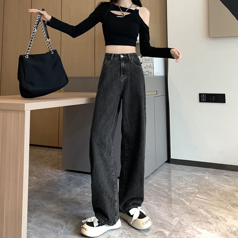 カルペディエム Carpe diem ワイドデニム パンツ オールシーズン カジュアル ハイウエストデニム ワイドパンツ ウォッシュド 定番デニム ボトムス ジーンズ夏 ストレッチツ （ブラック） ブラック
