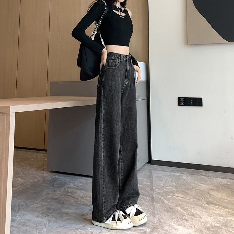 カルペディエム Carpe diem ワイドデニム パンツ オールシーズン カジュアル ハイウエストデニム ワイドパンツ ウォッシュド 定番デニム ボトムス ジーンズ夏 ストレッチツ （ブラック） ブラック
