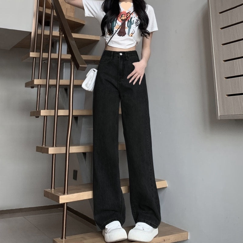 カルペディエム Carpe diem ワイドデニム パンツ オールシーズン カジュアル ハイウエストデニム ワイドパンツ ウォッシュド 定番デニム ボトムス ジーンズ夏 ストレッチツ （ブラック） ブラック