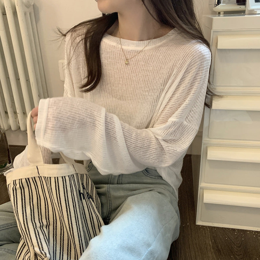 カルペディエム Carpe diem ロンT レイヤード シアー トップス tシャツ シアーブラウス UV対策トップス 透かしトップス 夏服 薄手カットソー ニット 長袖Tシャツ デリー 日焼け防止 シンプル カジュアル韓国 （アイスグーリン） アイスグーリン