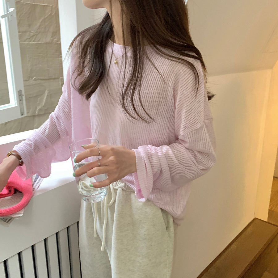 カルペディエム Carpe diem ロンT レイヤード シアー トップス tシャツ シアーブラウス UV対策トップス 透かしトップス 夏服 薄手カットソー ニット 長袖Tシャツ デリー 日焼け防止 シンプル カジュアル韓国 （アイスグーリン） アイスグーリン