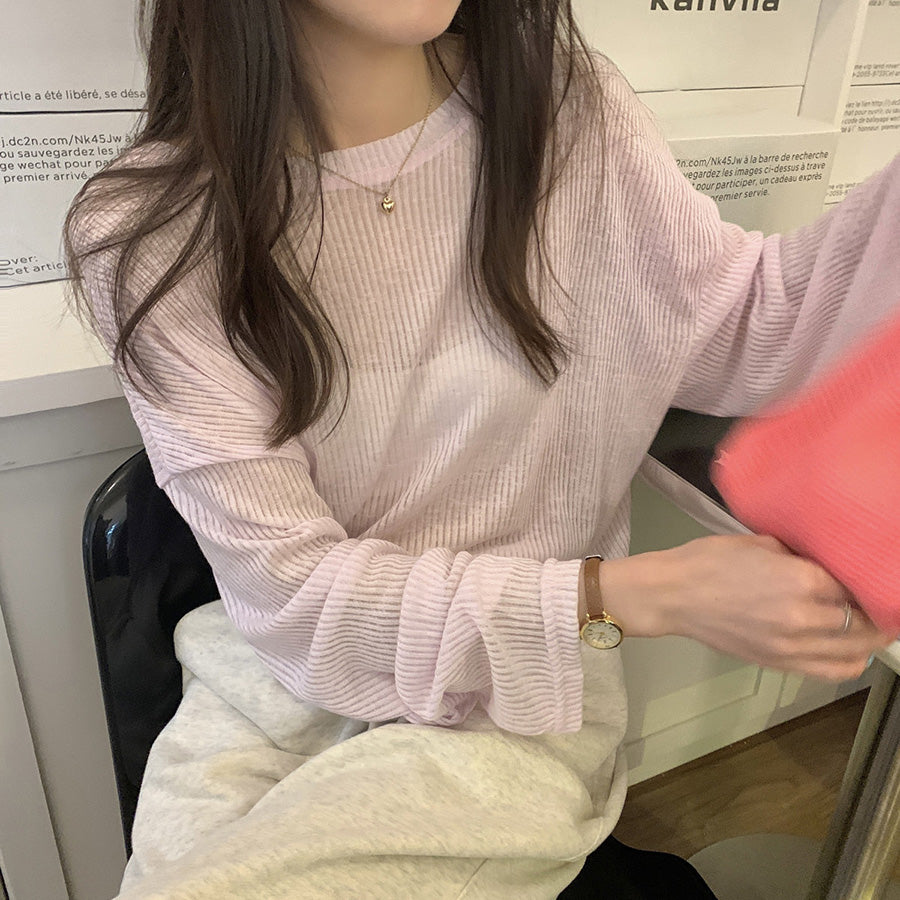 カルペディエム Carpe diem ロンT レイヤード シアー トップス tシャツ シアーブラウス UV対策トップス 透かしトップス 夏服 薄手カットソー ニット 長袖Tシャツ デリー 日焼け防止 シンプル カジュアル韓国 （アイスグーリン） アイスグーリン