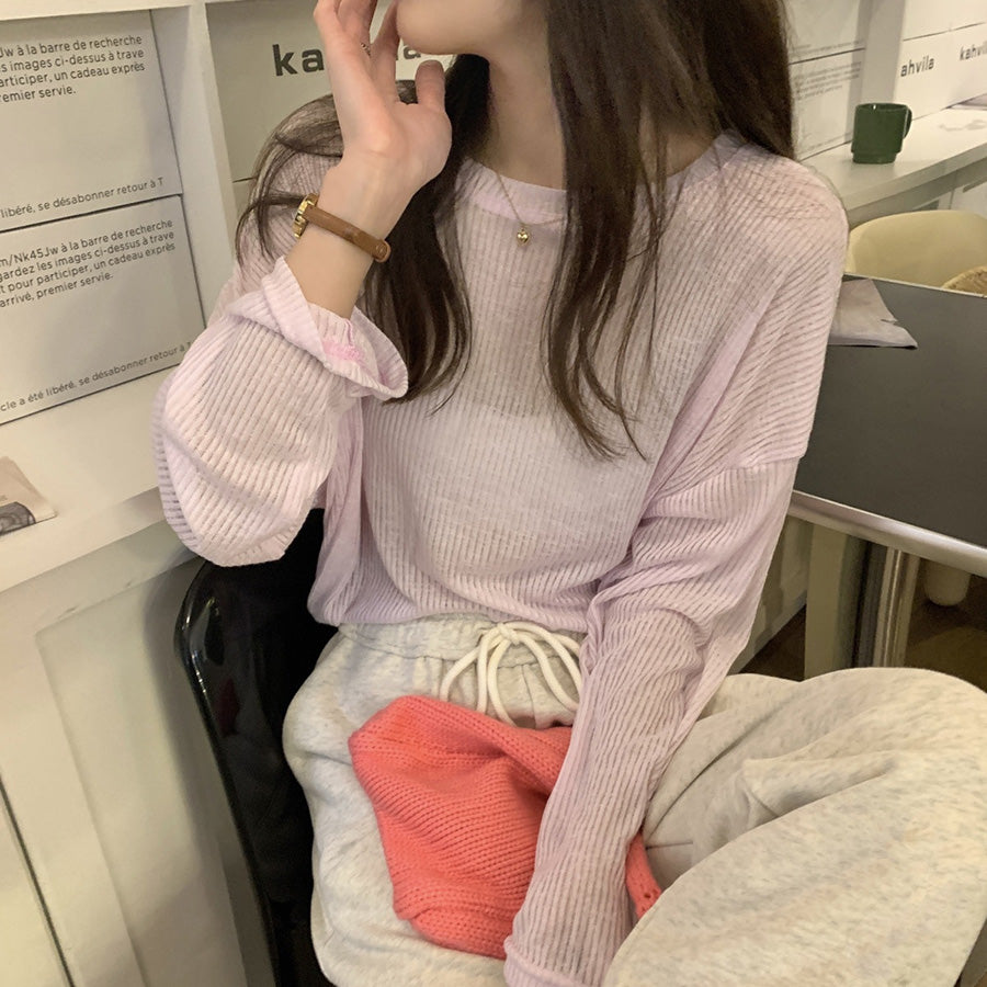 カルペディエム Carpe diem ロンT レイヤード シアー トップス tシャツ シアーブラウス UV対策トップス 透かしトップス 夏服 薄手カットソー ニット 長袖Tシャツ デリー 日焼け防止 シンプル カジュアル韓国 （アイスグーリン） アイスグーリン