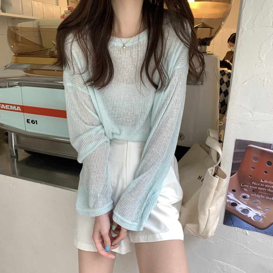 カルペディエム Carpe diem ロンT レイヤード シアー トップス tシャツ シアーブラウス UV対策トップス 透かしトップス 夏服 薄手カットソー ニット 長袖Tシャツ デリー 日焼け防止 シンプル カジュアル韓国 （アイスグーリン） アイスグーリン
