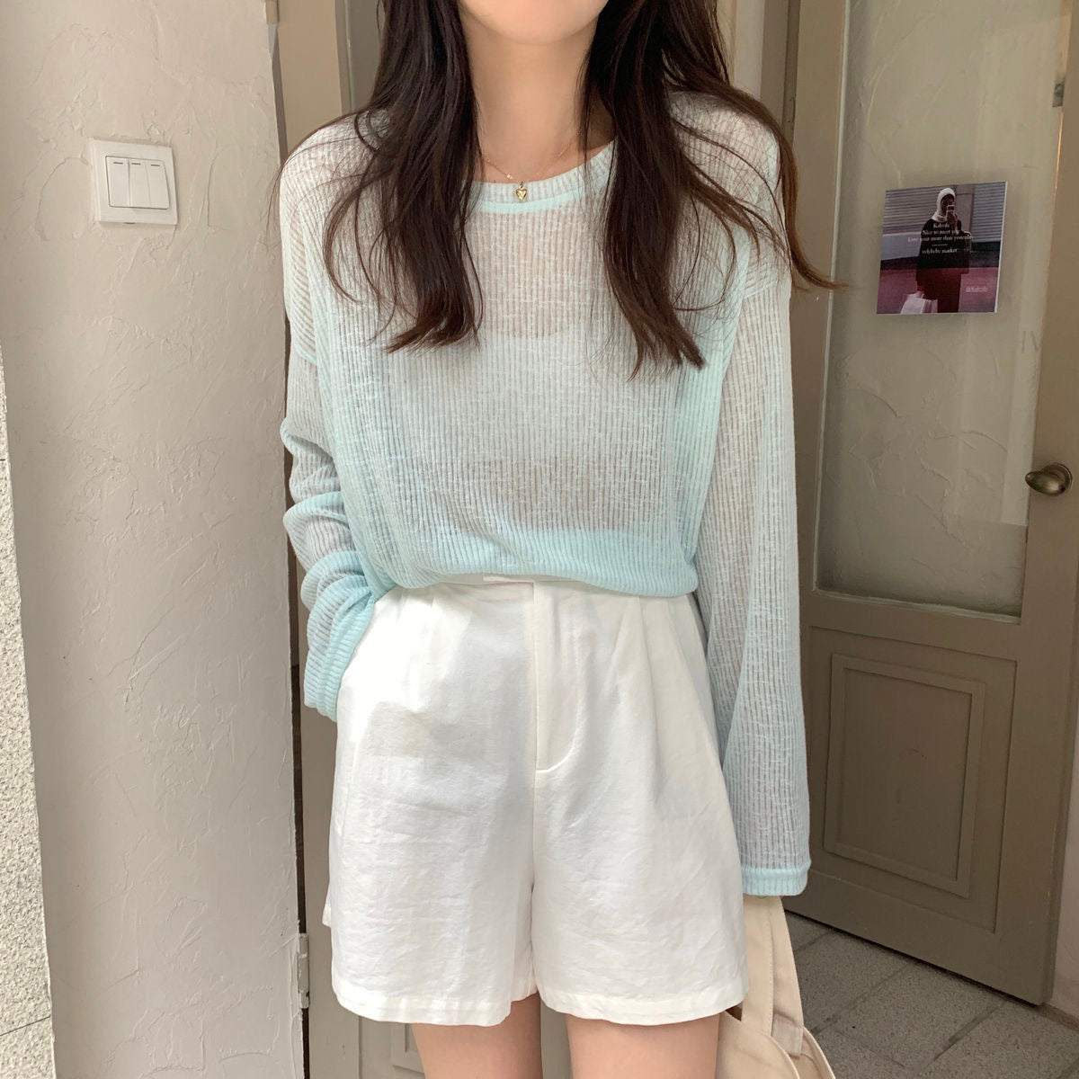 カルペディエム Carpe diem ロンT レイヤード シアー トップス tシャツ シアーブラウス UV対策トップス 透かしトップス 夏服 薄手カットソー ニット 長袖Tシャツ デリー 日焼け防止 シンプル カジュアル韓国 （アイスグーリン） アイスグーリン