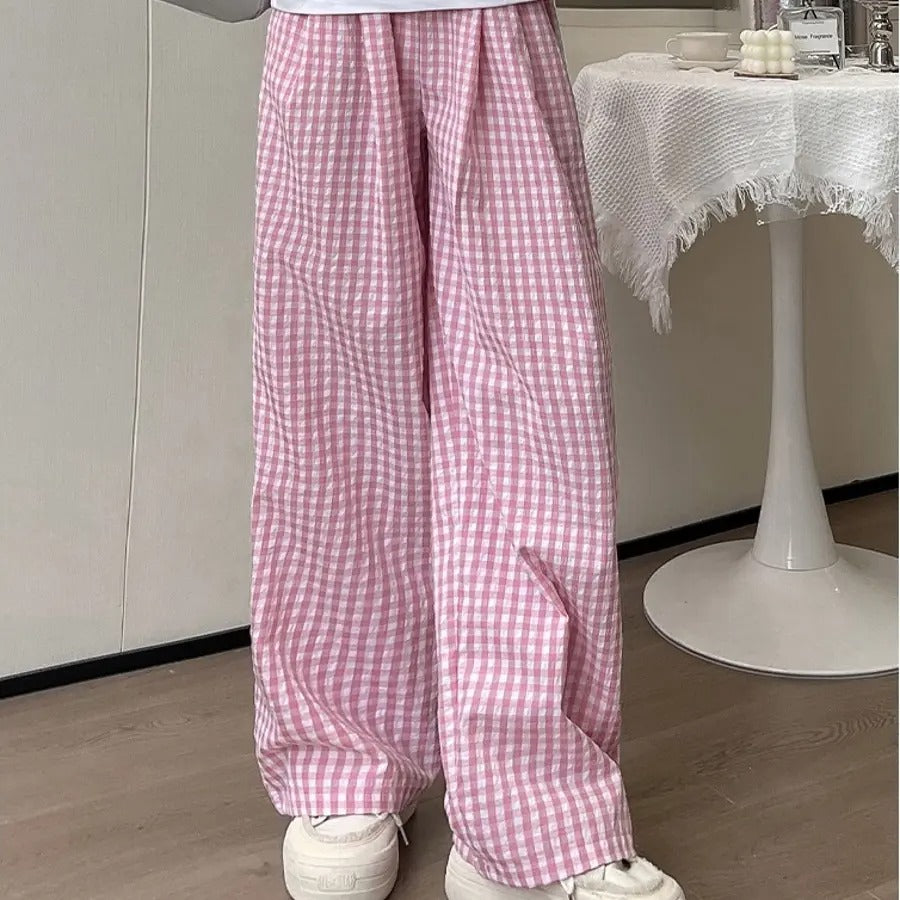 カルペディエム Carpe diem ギンガムチェック ワイドパンツ チェック柄 ワイドパンツ ハイウエスト 楽ちんパンツ 夏 リラックスパンツ 涼しいパンツ 体型カバー 柄パンツ ボトムス ウエストゴム カジュアルパンツ （ピンク） ピンク