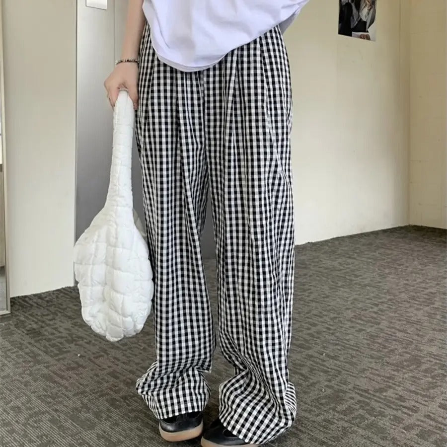 カルペディエム Carpe diem ギンガムチェック ワイドパンツ チェック柄 ワイドパンツ ハイウエスト 楽ちんパンツ 夏 リラックスパンツ 涼しいパンツ 体型カバー 柄パンツ ボトムス ウエストゴム カジュアルパンツ （ピンク） ピンク