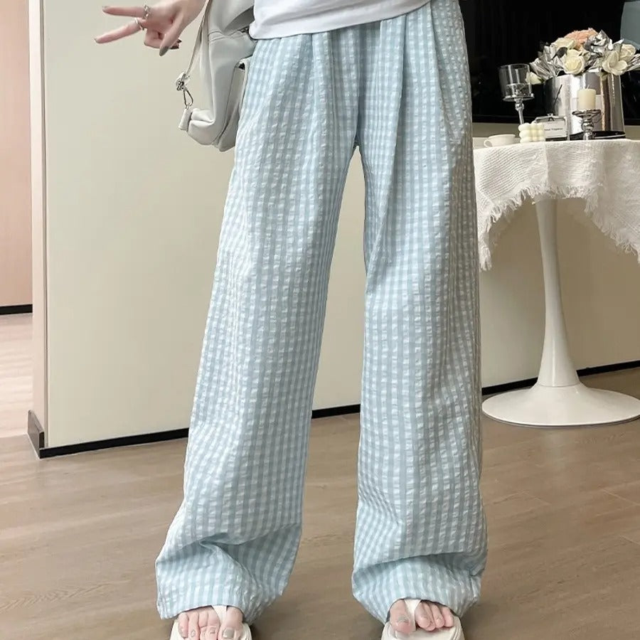 カルペディエム Carpe diem ギンガムチェック ワイドパンツ チェック柄 ワイドパンツ ハイウエスト 楽ちんパンツ 夏 リラックスパンツ 涼しいパンツ 体型カバー 柄パンツ ボトムス ウエストゴム カジュアルパンツ （ピンク） ピンク
