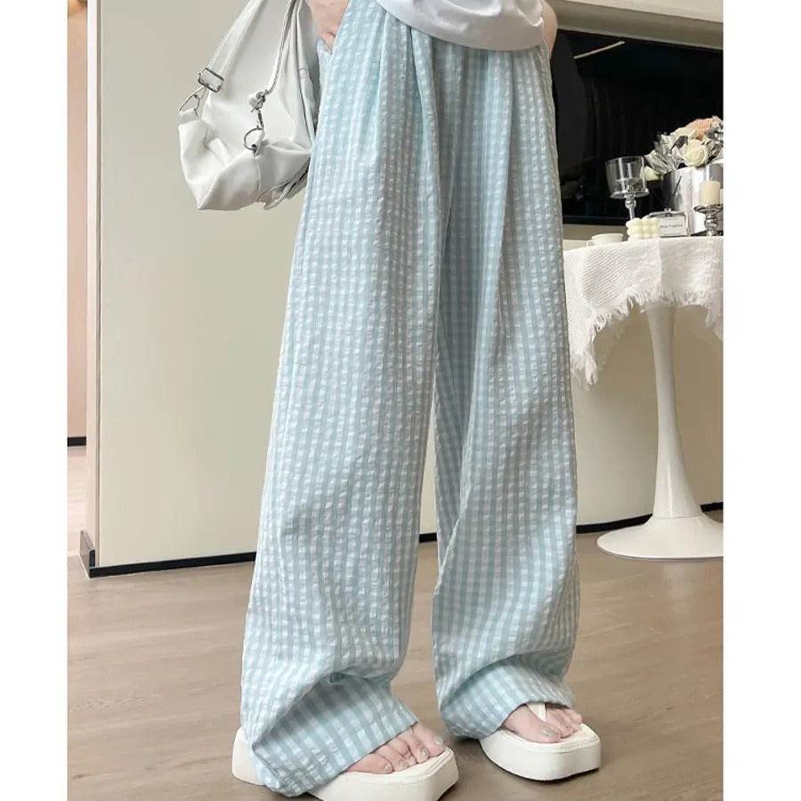 カルペディエム Carpe diem ギンガムチェック ワイドパンツ チェック柄 ワイドパンツ ハイウエスト 楽ちんパンツ 夏 リラックスパンツ 涼しいパンツ 体型カバー 柄パンツ ボトムス ウエストゴム カジュアルパンツ （ピンク） ピンク