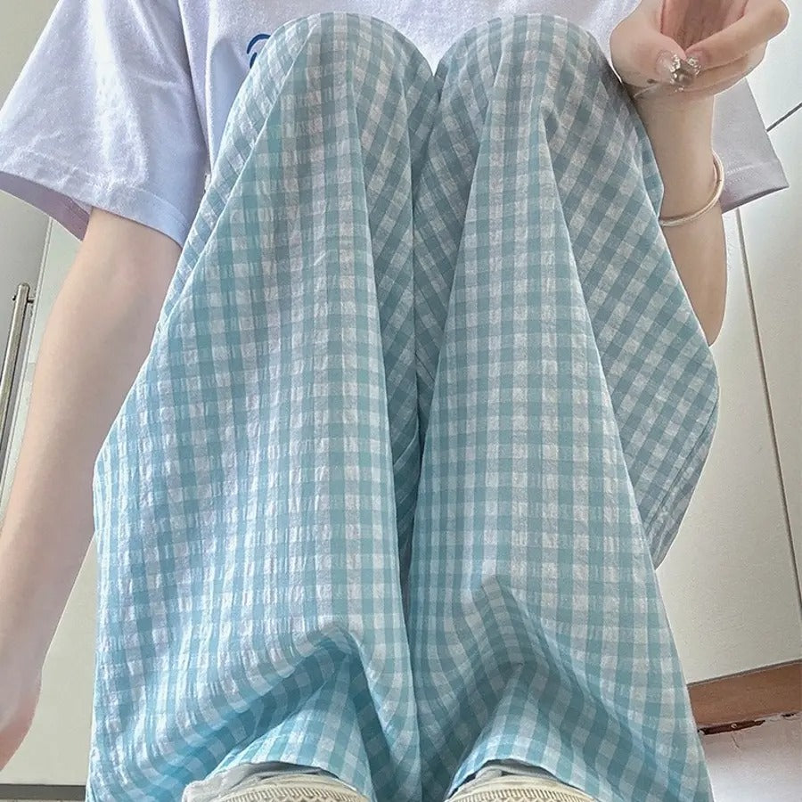 カルペディエム Carpe diem ギンガムチェック ワイドパンツ チェック柄 ワイドパンツ ハイウエスト 楽ちんパンツ 夏 リラックスパンツ 涼しいパンツ 体型カバー 柄パンツ ボトムス ウエストゴム カジュアルパンツ （ピンク） ピンク