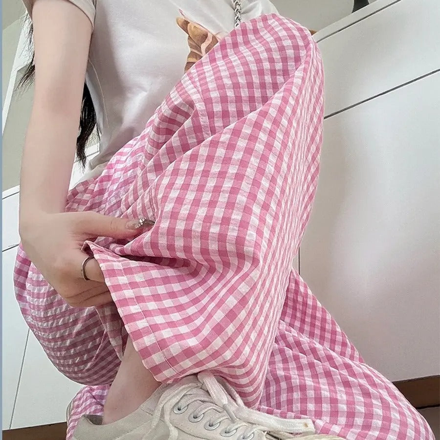 カルペディエム Carpe diem ギンガムチェック ワイドパンツ チェック柄 ワイドパンツ ハイウエスト 楽ちんパンツ 夏 リラックスパンツ 涼しいパンツ 体型カバー 柄パンツ ボトムス ウエストゴム カジュアルパンツ （ピンク） ピンク