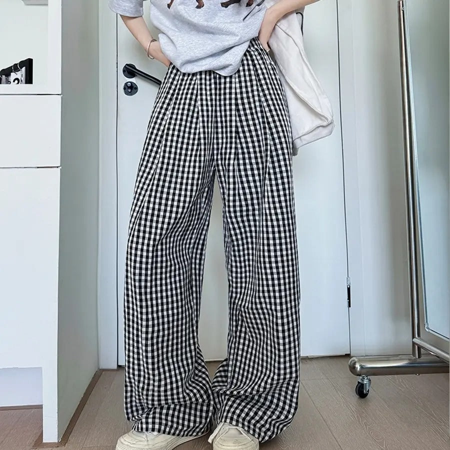 カルペディエム Carpe diem ギンガムチェック ワイドパンツ チェック柄 ワイドパンツ ハイウエスト 楽ちんパンツ 夏 リラックスパンツ 涼しいパンツ 体型カバー 柄パンツ ボトムス ウエストゴム カジュアルパンツ （ブラック） ブラック