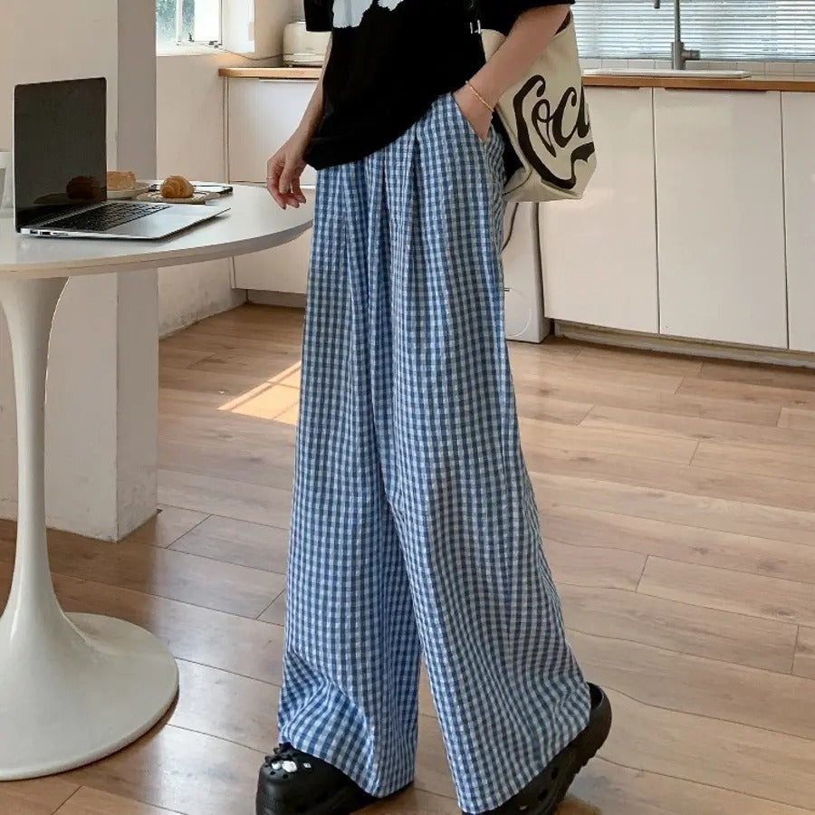 カルペディエム Carpe diem ギンガムチェック ワイドパンツ チェック柄 ワイドパンツ ハイウエスト 楽ちんパンツ 夏 リラックスパンツ 涼しいパンツ 体型カバー 柄パンツ ボトムス ウエストゴム カジュアルパンツ （ブルー） ブルー