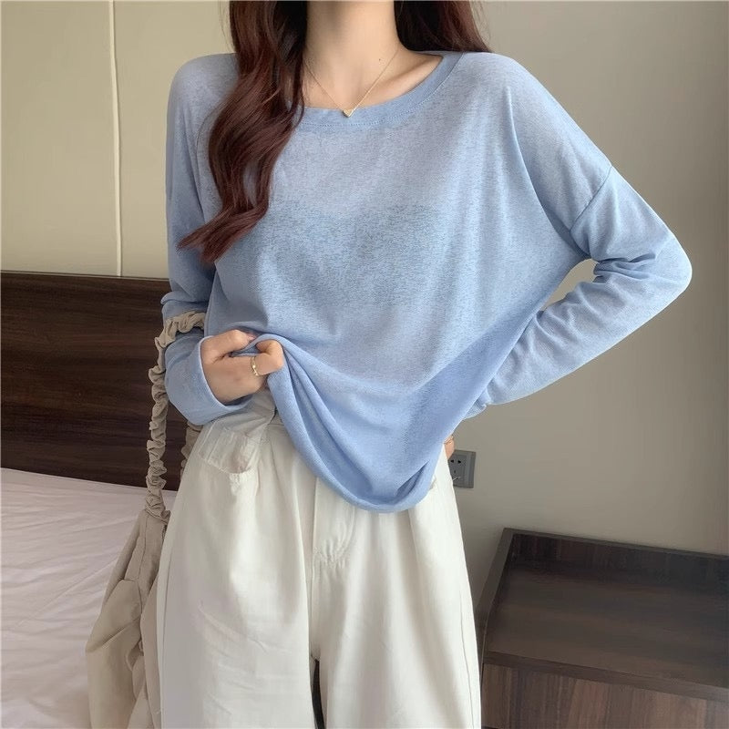 カルペディエム Carpe diem ロンT レイヤード シアー トップス tシャツ シアーブラウス UV対策トップス 透かし 12色展開 夏服 薄手カットソー ニット 長袖 オーバーサイズ デリー 日焼け防止 シンプル カジュアル 韓国 （ホワイト） ホワイト