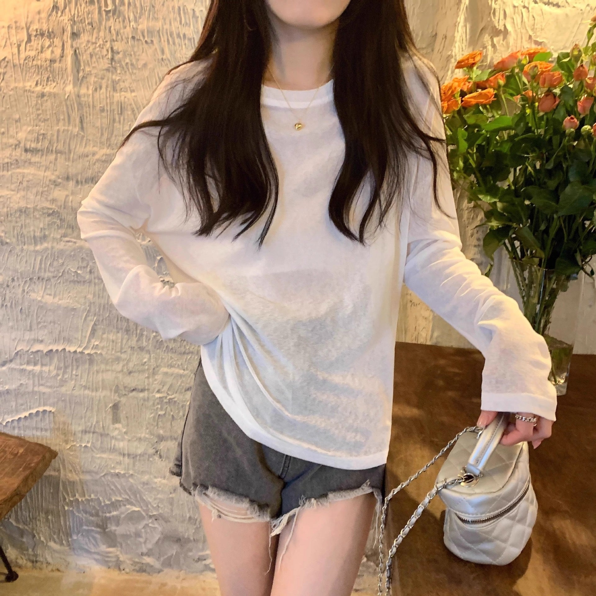 カルペディエム Carpe diem ロンT レイヤード シアー トップス tシャツ シアーブラウス UV対策トップス 透かし 12色展開 夏服 薄手カットソー ニット 長袖 オーバーサイズ デリー 日焼け防止 シンプル カジュアル 韓国 （ホワイト） ホワイト