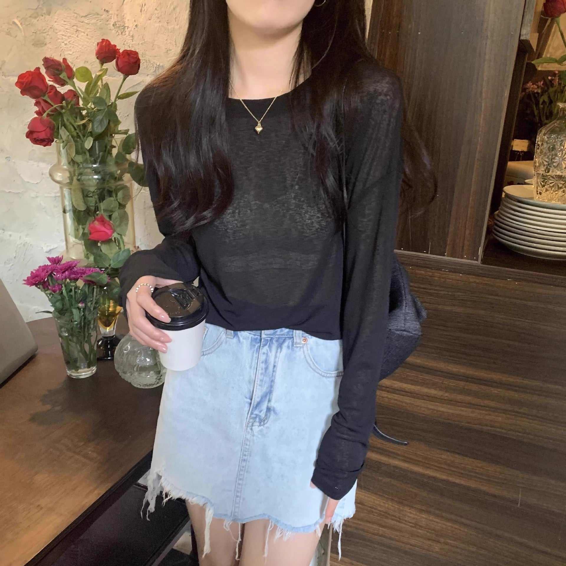 カルペディエム Carpe diem ロンT レイヤード シアー トップス tシャツ シアーブラウス UV対策トップス 透かし 12色展開 夏服 薄手カットソー ニット 長袖 オーバーサイズ デリー 日焼け防止 シンプル カジュアル 韓国 （ホワイト） ホワイト