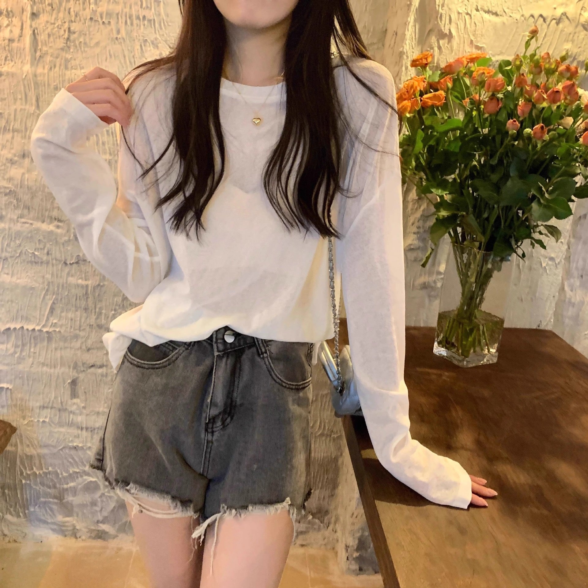 カルペディエム Carpe diem ロンT レイヤード シアー トップス tシャツ シアーブラウス UV対策トップス 透かし 12色展開 夏服 薄手カットソー ニット 長袖 オーバーサイズ デリー 日焼け防止 シンプル カジュアル 韓国 （サーモンピンク） サーモンピンク