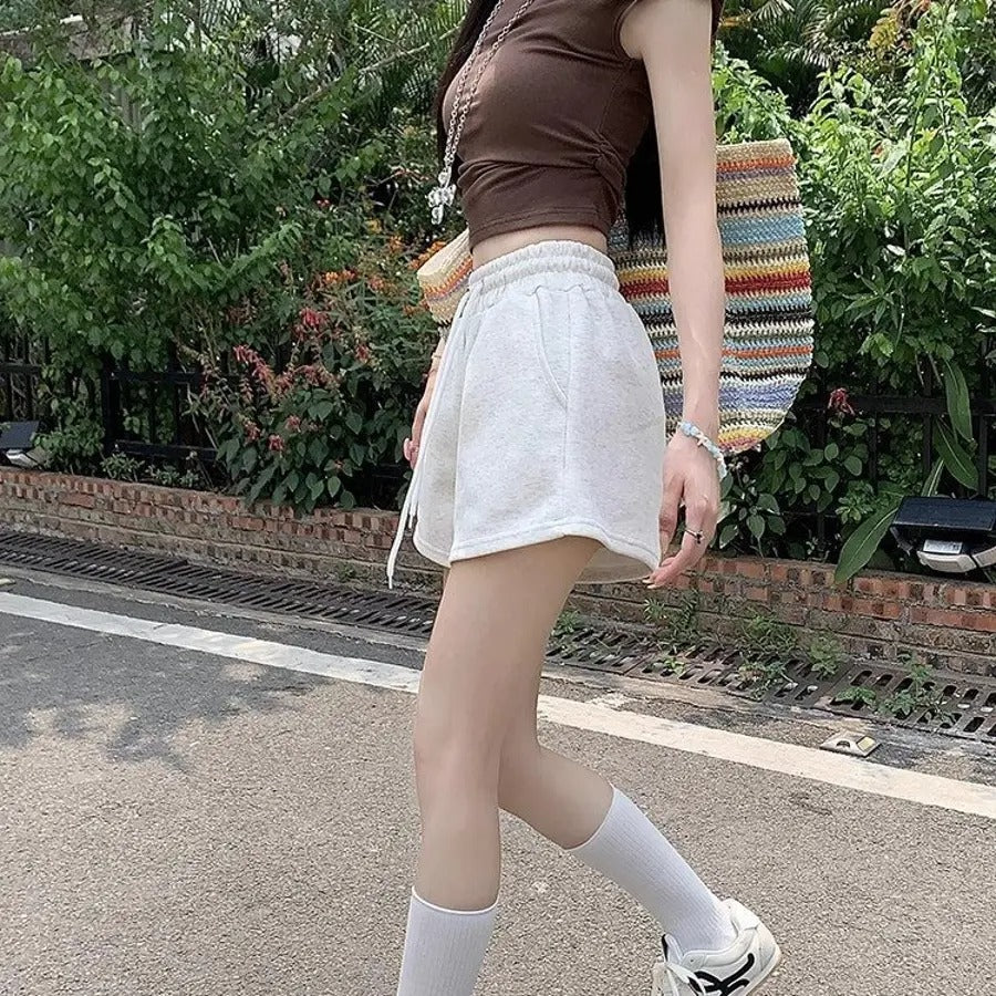 カルペディエム Carpe diem スウェット ショートパンツ ヨガパンツ夏 ルームウェア ジム ヨガ ウエストゴムパンツ スポーティー カジュアル 短パン ドローストリング 楽ちん 無地 ポケット付き フラッシュ パイピング （ホワイト） ホワイト