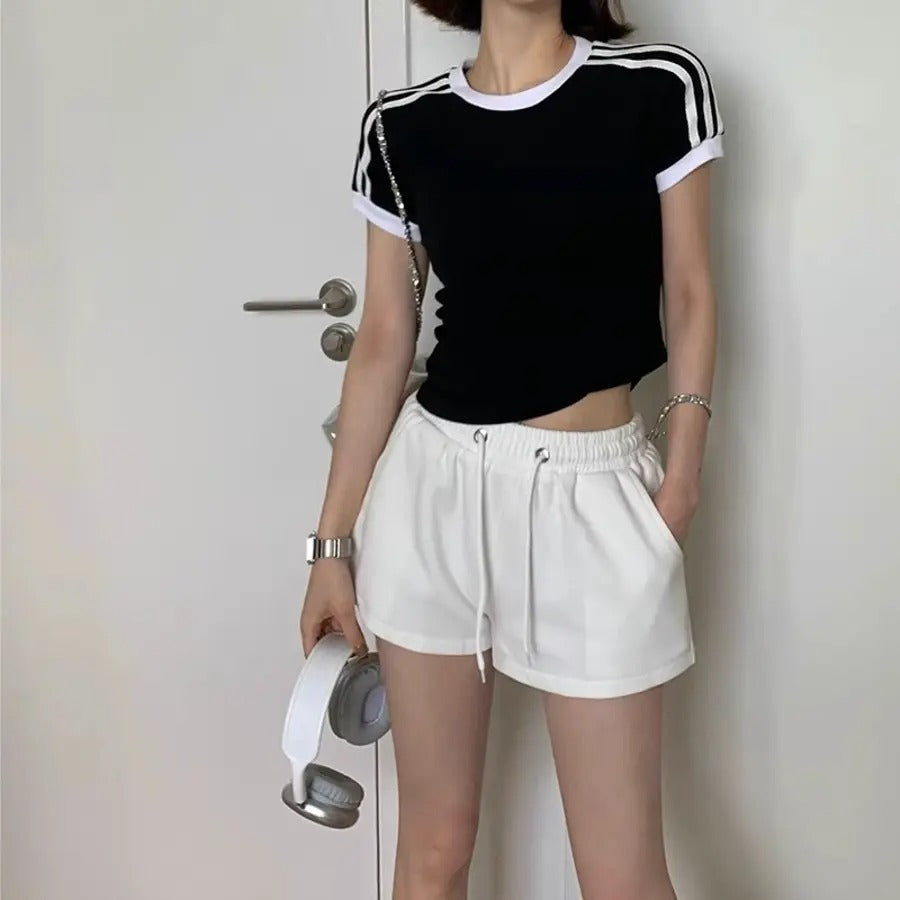カルペディエム Carpe diem スウェット ショートパンツ ヨガパンツ夏 ルームウェア ジム ヨガ ウエストゴムパンツ スポーティー カジュアル 短パン ドローストリング 楽ちん 無地 ポケット付き フラッシュ パイピング （ホワイト） ホワイト