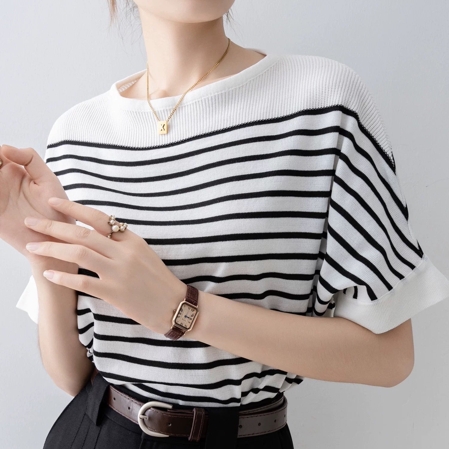カルペディエム Carpe diem ドルマンスリーブ ドルマンニット ボーダーtシャツ 半袖 オフショルダー 半袖 オフィスカジュアル 夏服 春新作tシャツ ニットトップス カットソー （ホワイト） ホワイト